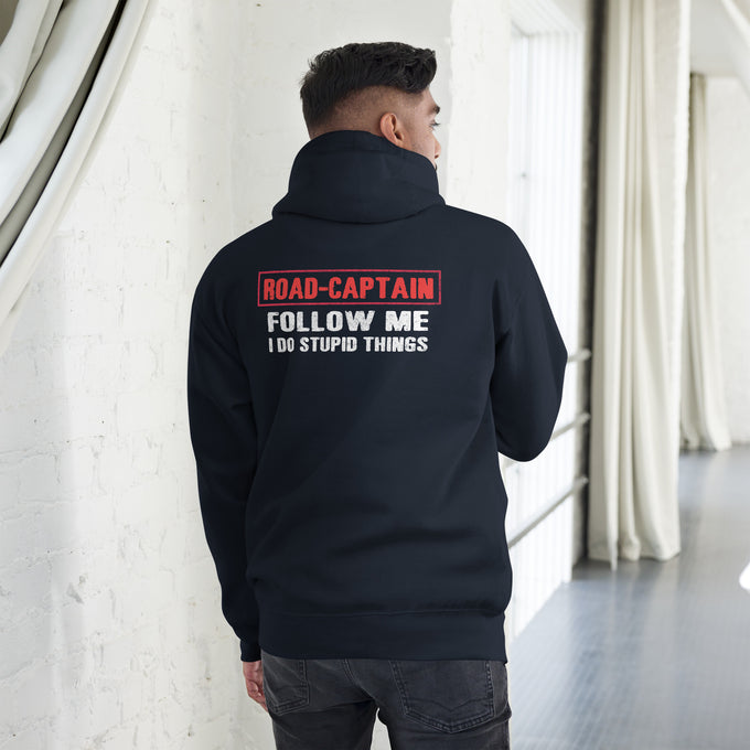 Biker - Premium Unisex Hoodie " Don't Follow Me I Do Stupid Things" Variante 3 – Marineblau – Rückansicht