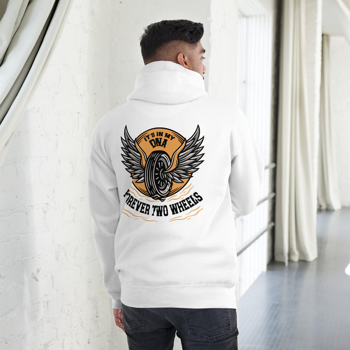 Biker - Premium Unisex Hoodie " Forever Two Wheels I´s My DNA" Variante 2 – Weiß – Rückansicht