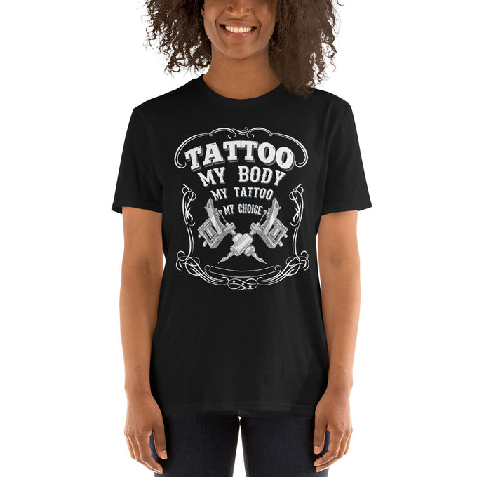 Damen T-Shirt Tattoo "My Body, My Tattoo" – Schwarz – Vorderansicht