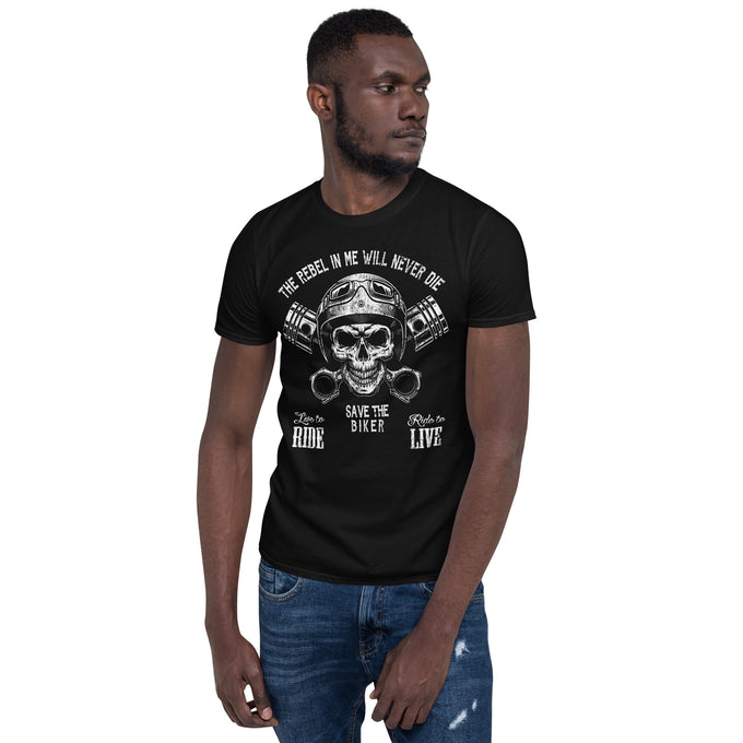Biker Motorrad T-Shirts "The Rebel In Me Will Never Die Save the Biker" Variante 4 – Schwarz – Vorderansicht
