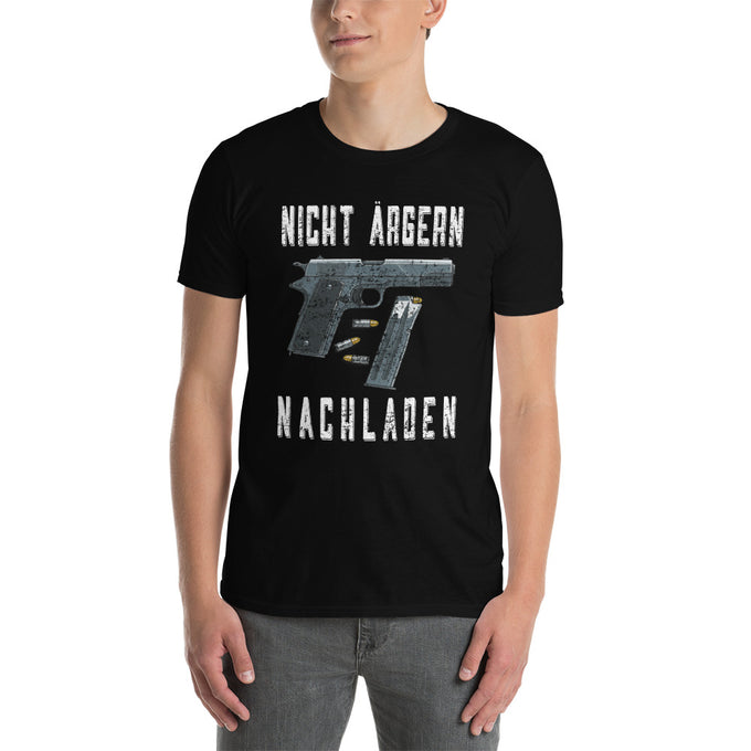 Biker Motorrad T-Shirts "Nicht Ärgern Nachladen" – Schwarz – Vorderansicht