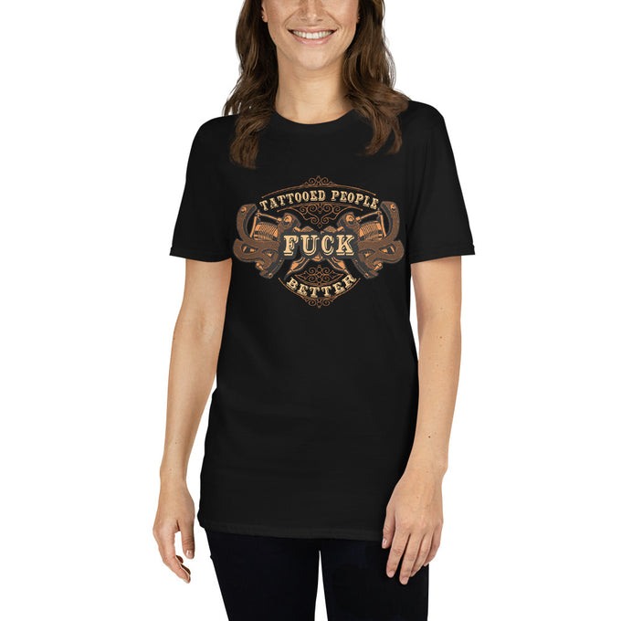 Damen T-Shirt Tattoo "Tattooed People f*ck better" Variante 2 – Schwarz – Vorderansicht