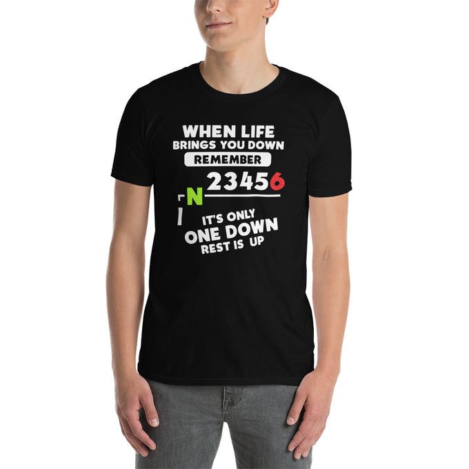 Biker Motorrad T-Shirts "1N23456 Motorrad Fußschalthebel Motorcycle Gear Shift" Variante 5 – Schwarz – Vorderansicht