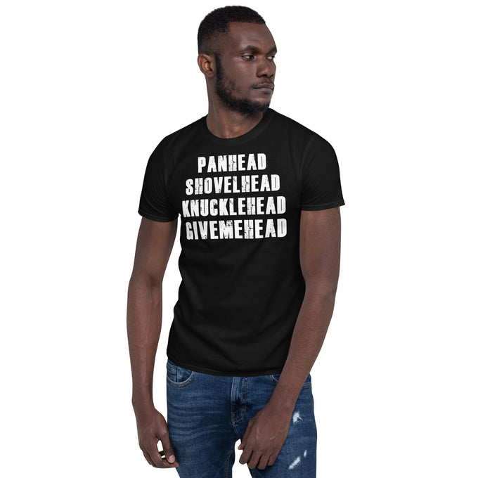 Biker Motorrad T-Shirts "Shovelhead Panhead Give me Head " – Schwarz – Vorderansicht