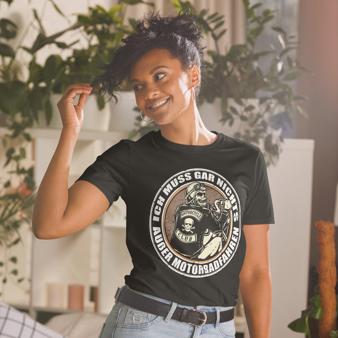 Biker Motorrad T-Shirts " Ich muss Gar nichts außer Motorradfahren" Variante 5 – Schwarz – Vorderansicht