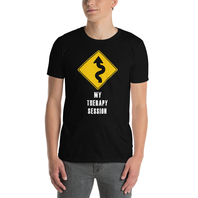 Biker Motorrad T-Shirts "My Therapy Session Kurven Fahren" – Schwarz – Vorderansicht