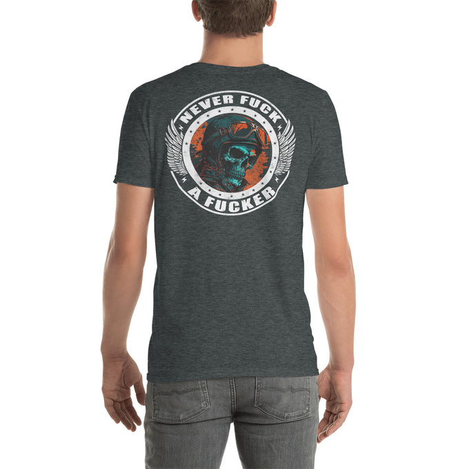 Biker Motorrad T-Shirts "Never Fck a Fcker" Variante 5 – Dunkelgrau meliert – Rückansicht