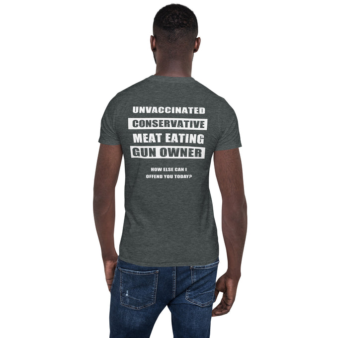 Biker T-Shirt "Unvaccinated Conservative Meat Eating Gun Owner " Variante 2 – Dunkelgrau meliert – Rückansicht