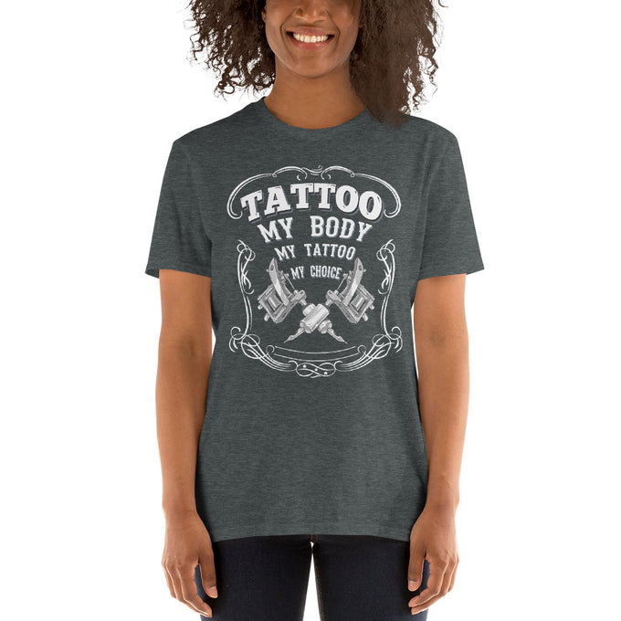 Damen T-Shirt Tattoo "My Body, My Tattoo" – Dunkelgrau meliert – Vorderansicht