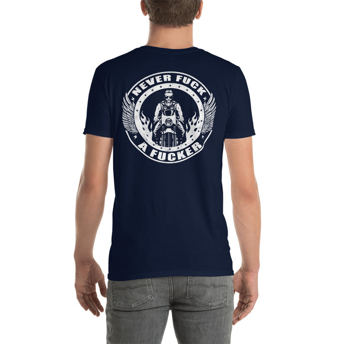Biker Motorrad T-Shirts"Never Fck a Fcker" Variante 3 – Marineblau – Rückansicht