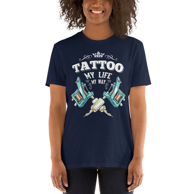 Damen T-Shirt Tattoo "Tattoo: My Life, My Way" Variante 2 – Marineblau – Vorderansicht