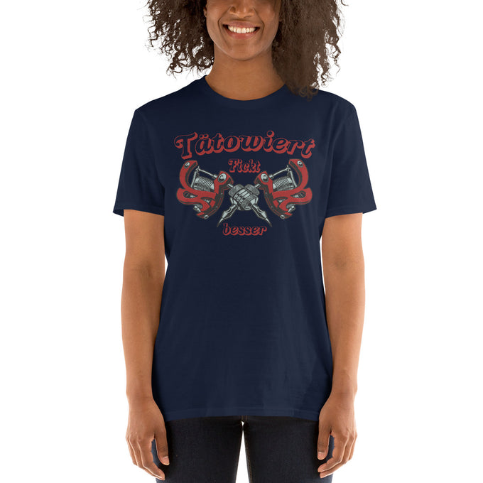 Damen T-Shirt hell Tattoo "Tätowiert f*ckt besser" Variante 2 – Marineblau – Vorderansicht