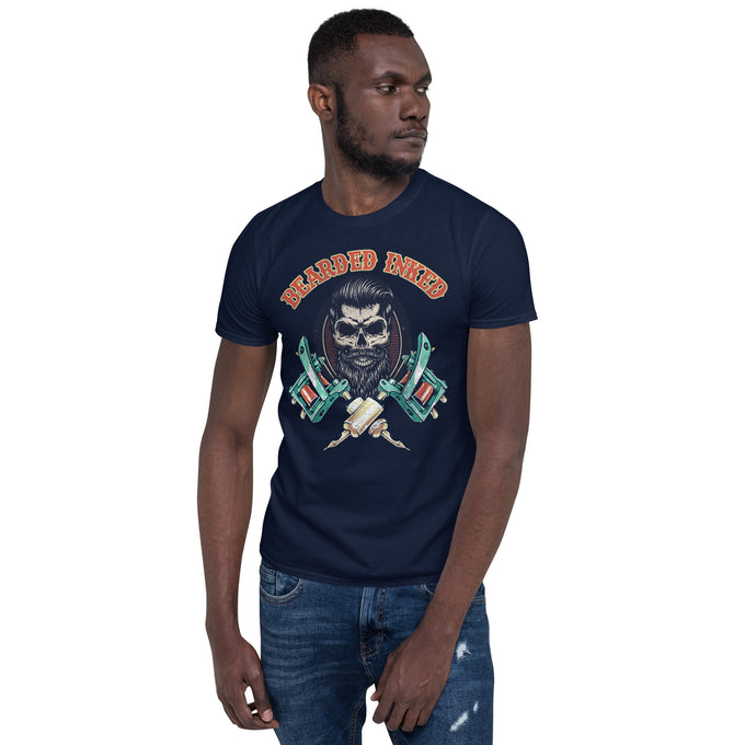 Biker Motorrad T-Shirts "Bearded, Inked" – Marineblau – Vorderansicht