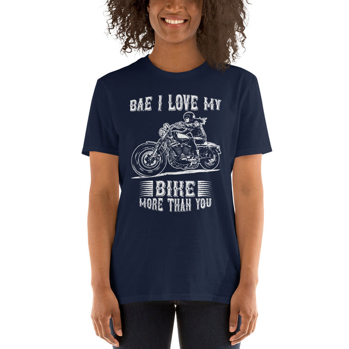 Damen T-Shirt "Bae i love my Bike" – Marineblau – Vorderansicht