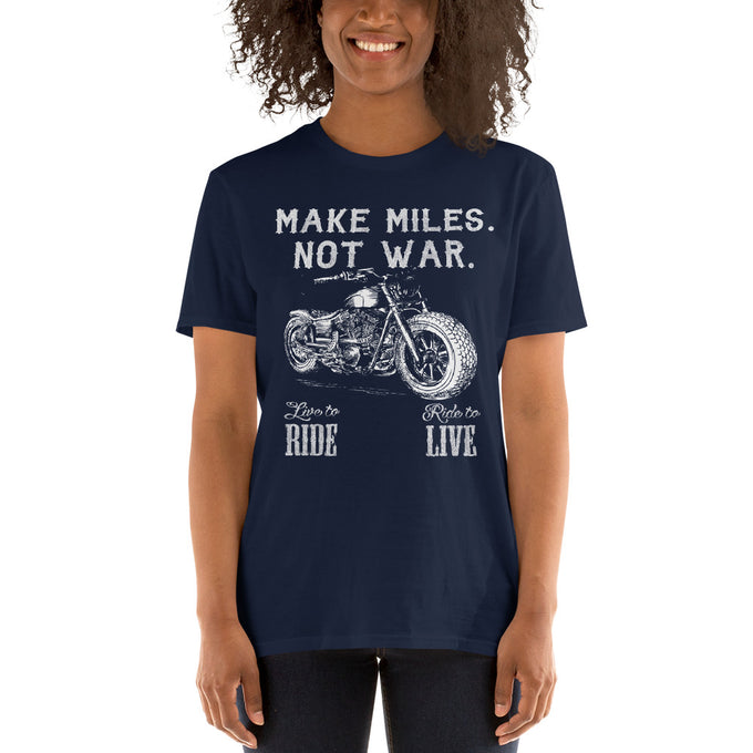 Damen T-Shirt "Make Miles not War" Variante 1 – Marineblau – Vorderansicht