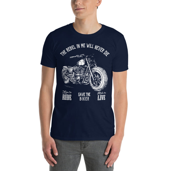 Biker Motorrad T-Shirts "The Rebel In Me Will Never Die Save the Biker" Variante 1 – Marineblau – Vorderansicht