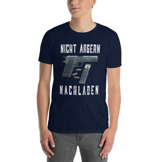 Biker Motorrad T-Shirts "Nicht Ärgern Nachladen" – Marineblau – Vorderansicht