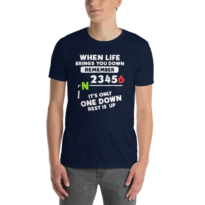 Biker Motorrad T-Shirts "1N23456 Motorrad Fußschalthebel Motorcycle Gear Shift" Variante 5 – Marineblau – Vorderansicht