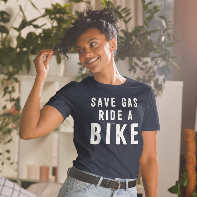 Biker Motorrad T-Shirts"Save Gas Ride A Bike" – Marineblau – Vorderansicht