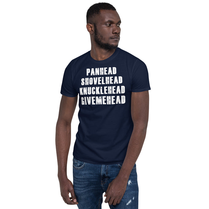 Biker Motorrad T-Shirts "Shovelhead Panhead Give me Head " – Marineblau – Vorderansicht
