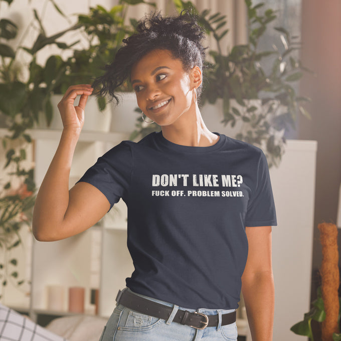 Biker Motorrad T-Shirts "Don't Like Me? " – Marineblau – Vorderansicht