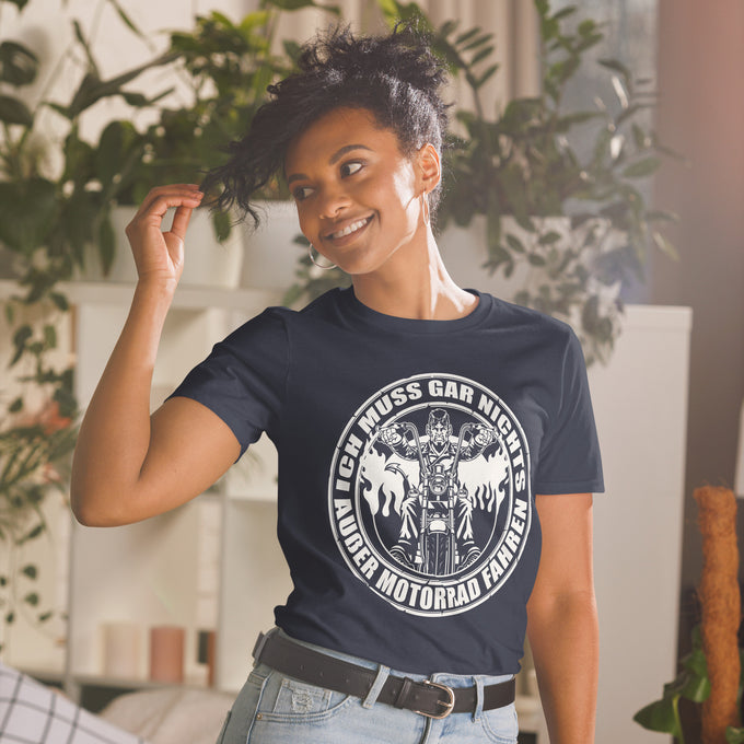Biker Motorrad T-Shirts" Ich muss Gar nichts außer Motorradfahren" Variante 2 – Marineblau – Vorderansicht