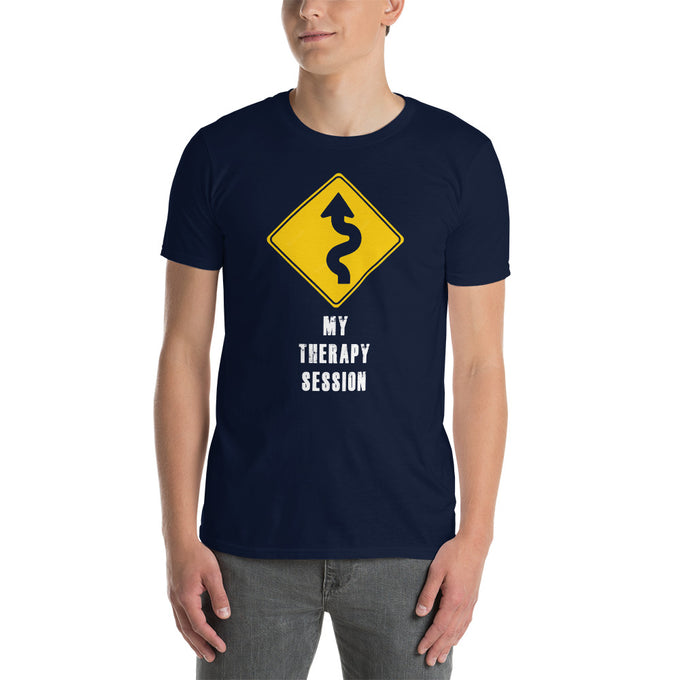 Biker Motorrad T-Shirts "My Therapy Session Kurven Fahren" – Marineblau – Vorderansicht