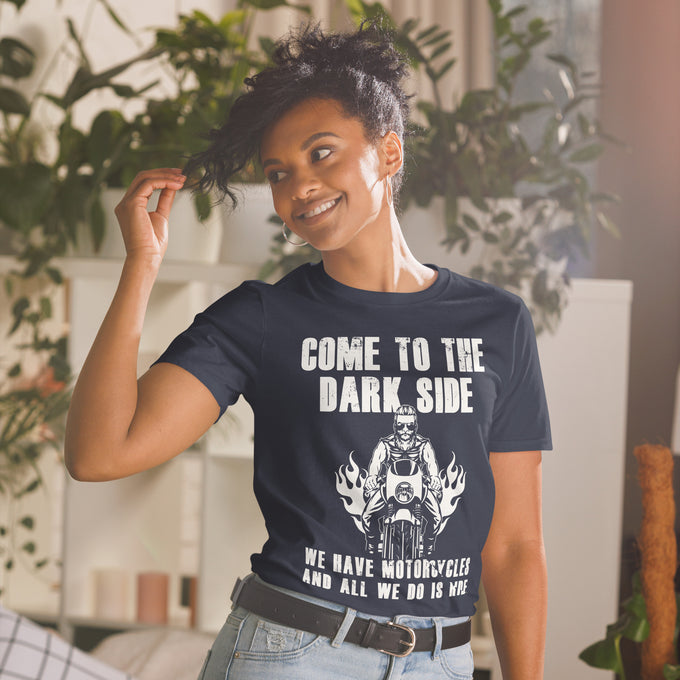 Biker Motorrad T-Shirts " Come to The Dark Side We Have Motorcycles and all we do is Ride" – Marineblau – Vorderansicht