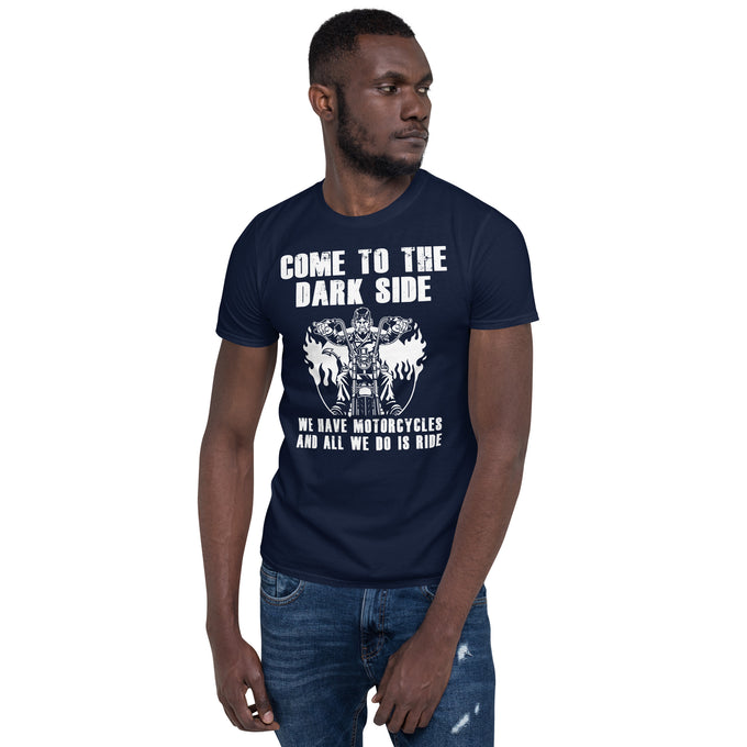Biker Motorrad T-Shirts " Come to The Dark Side We Have Motorcycles and all we do is Ride" Variante 2 – Marineblau – Vorderansicht