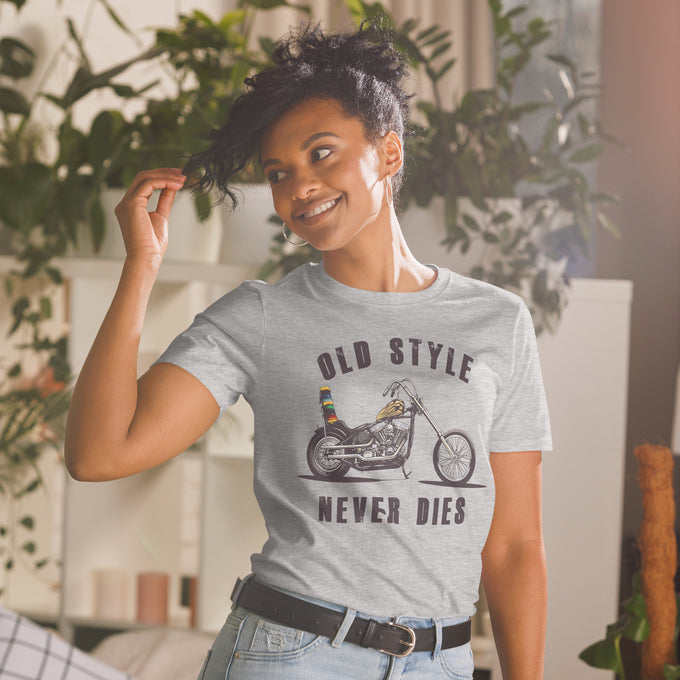 Biker Motorrad T-Shirts"Old Style Never Dies Chopper" – Sportgrau – Vorderansicht