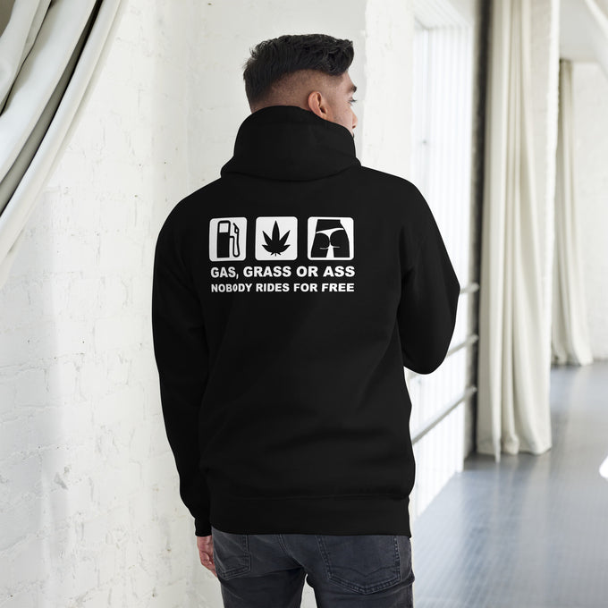 Biker - Premium Unisex Hoodie " Gas Grass or Ass" – Schwarz – Rückansicht