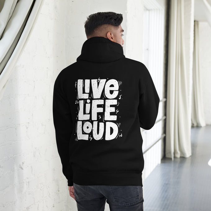Biker - Premium Unisex Hoodie " Live Life Loud" – Schwarz – Rückansicht