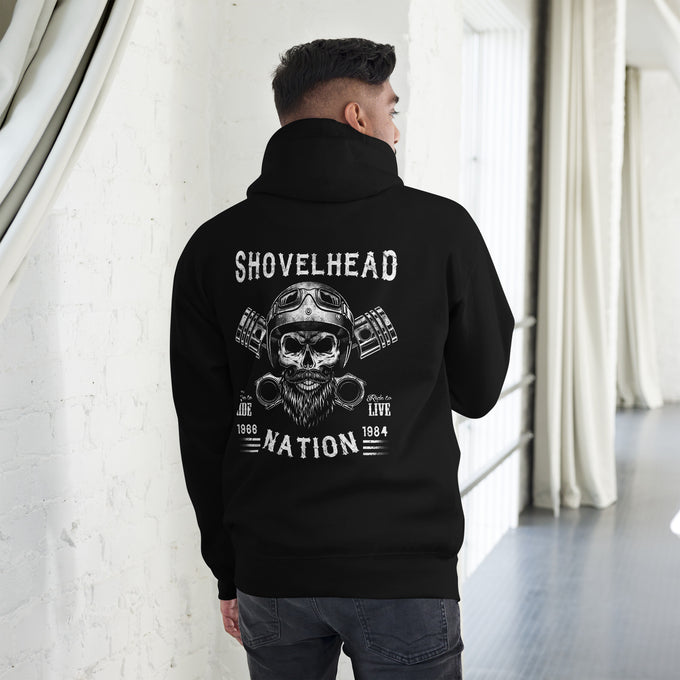 Biker - Premium Unisex Hoodie " Shovelhead Nation" – Schwarz – Rückansicht