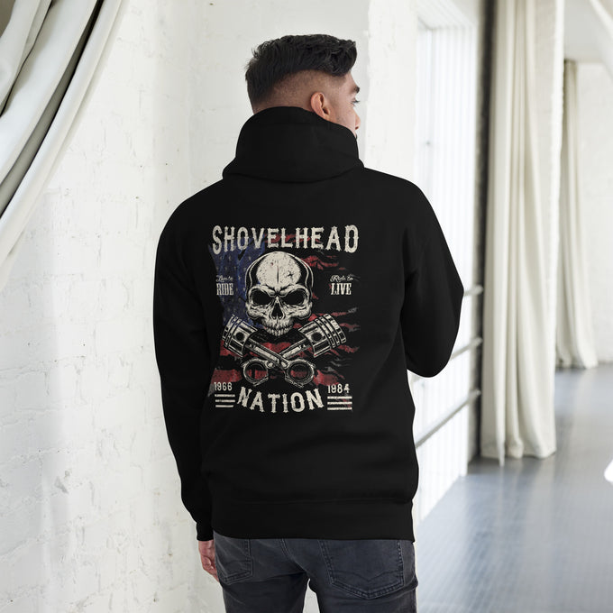 Biker - Premium Unisex Hoodie " Shovelhead Nation" Variante2 – Schwarz – Rückansicht