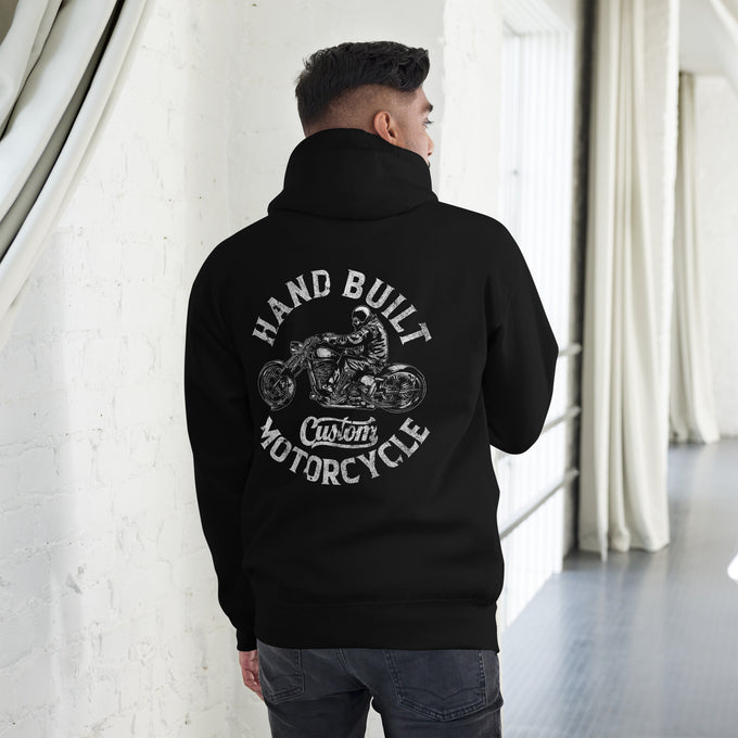 Biker - Premium Unisex Hoodie " Hand Build Motorcycles" – Schwarz – Rückansicht
