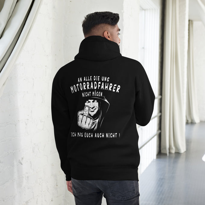 Biker - Premium Unisex Hoodie " An alle die uns Motoradfahrer nicht mögen" Variante2 – Schwarz – Rückansicht