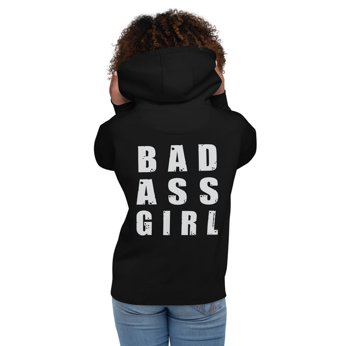 Biker - Premium Unisex Hoodie " BAD ASS GIRL" – Schwarz – Rückansicht