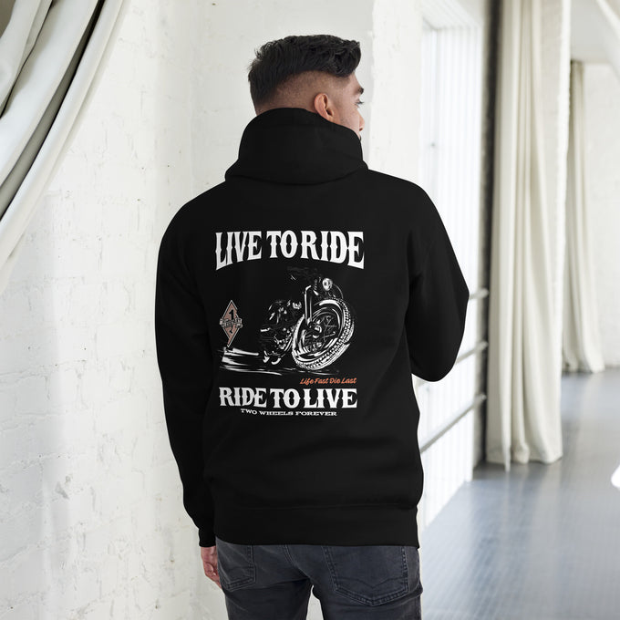 Biker - Premium Unisex Hoodie " Live to Ride" – Schwarz – Rückansicht