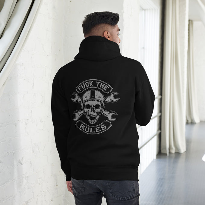 Biker - Premium Unisex Hoodie " Fuck the Rules" – Schwarz – Rückansicht