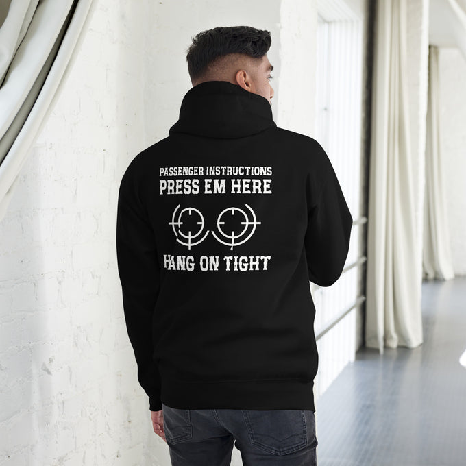 Biker - Premium Unisex Hoodie " Passenger Instructions Press em Here" – Schwarz – Rückansicht