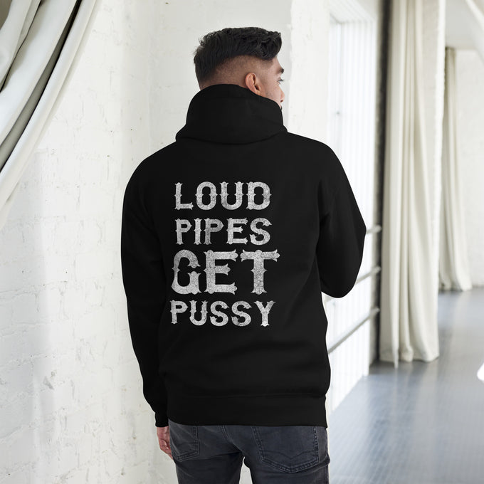 Biker - Premium Unisex Hoodie " Loud Pippes Get Pussy " – Schwarz – Rückansicht