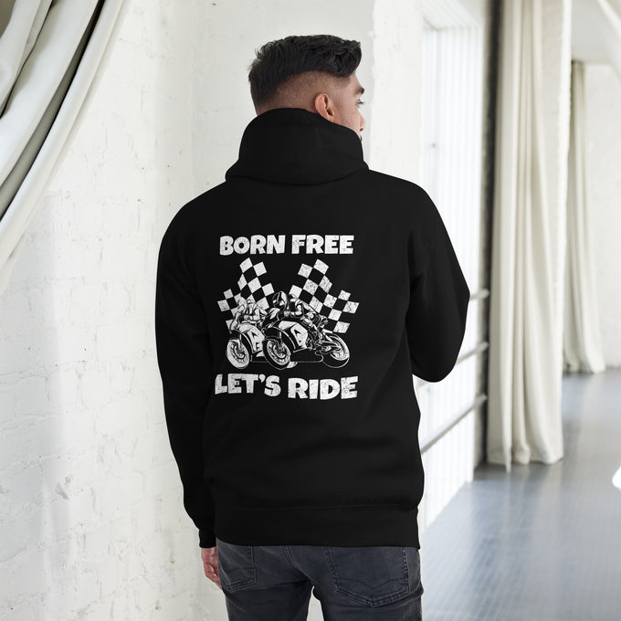 Biker - Premium Unisex Hoodie " Born Free Let´s Ride" – Schwarz – Rückansicht