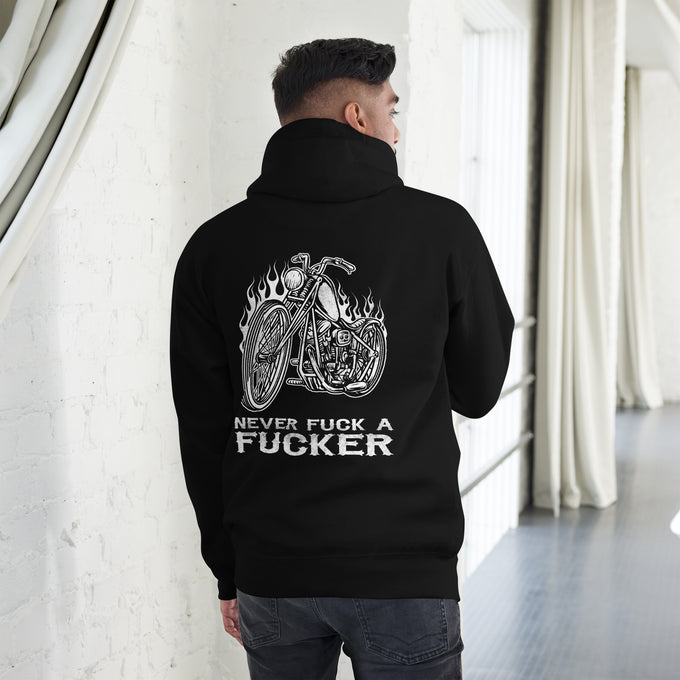 Biker - Premium Unisex Hoodie " Never Fck a Fcker" Variante 2 – Schwarz – Rückansicht