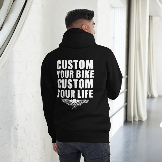 Biker - Premium Unisex Hoodie " Custom your Biker Custom Your Life" – Schwarz – Rückansicht