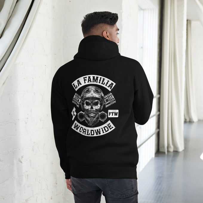 Biker - Premium Unisex Hoodie " LA FAMILIA WORLDWIDE" – Schwarz – Rückansicht