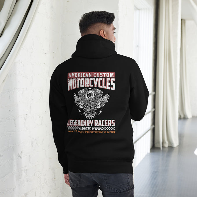 Biker - Premium Unisex Hoodie " American Custom Racer" – Schwarz – Rückansicht