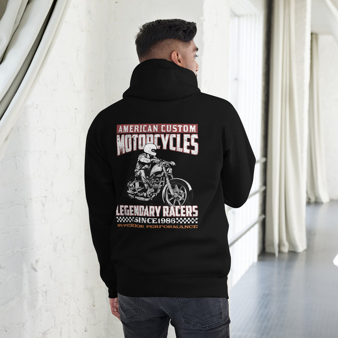 Biker - Premium Unisex Hoodie " American Custom Motorcycles" – Schwarz – Rückansicht
