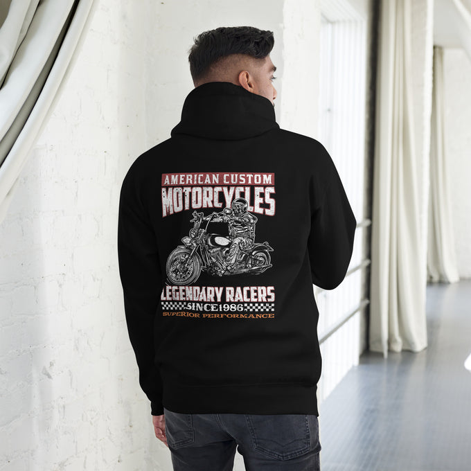 Biker - Premium Unisex Hoodie " American Custom Motorcycles" Variante 2 – Schwarz – Rückansicht