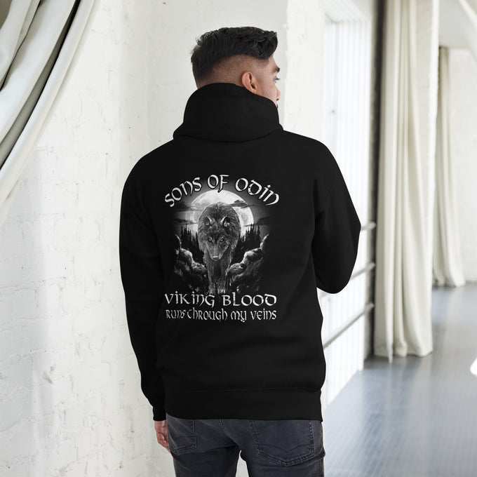 Herren T-Shirt und Hoodies Wikinger "Sons of Odin Viking Blood runs through my Veins" Variante 1 – Schwarz – Rückansicht