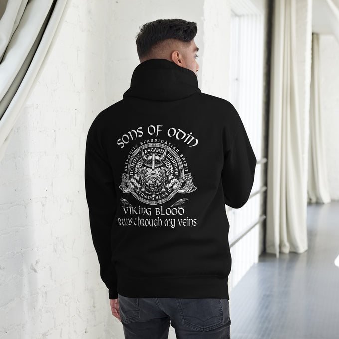 Herren T-Shirt und Hoodies Wikinger "Sons of Odin Viking Blood runs through my Veins" Variante 3 – Schwarz – Rückansicht